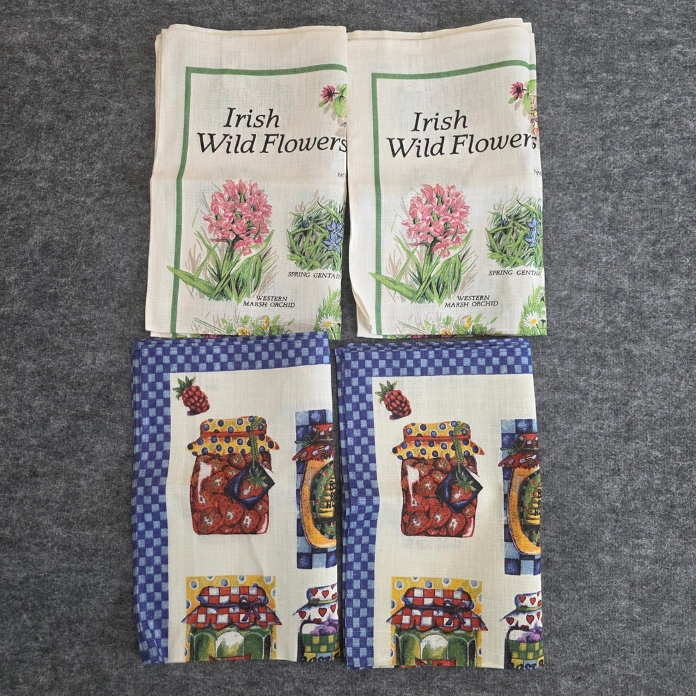 VTG 2 Pairs Ulster Weavers‎ Irish Linen Tea Towels Wild Flowers Jam Jars Kitchen